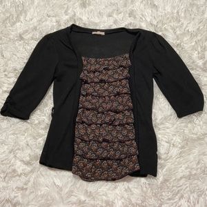 PRETTY GOOD women’s Black Tee Shirt with Ruffle Front, size M